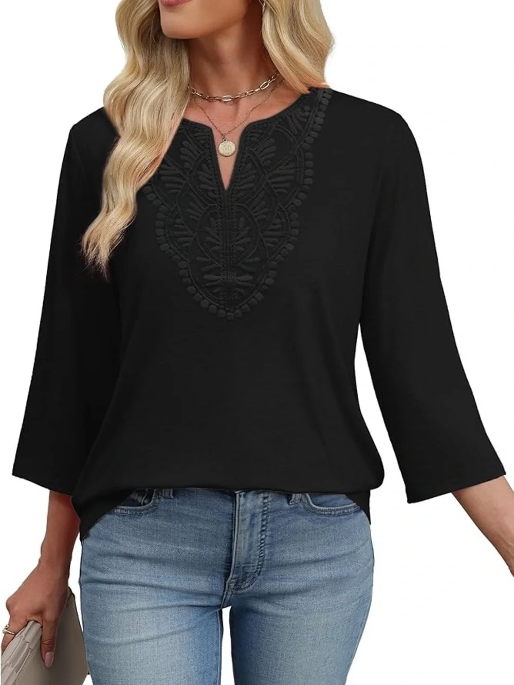 Black Women's Embroidered V-Neck Top - Picture 5 of 6